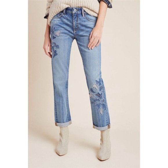 Anthropologie Denim - Anthro Pilcro Slim Boyfriend Embroidered Patchwork Floral Jeans Size 28